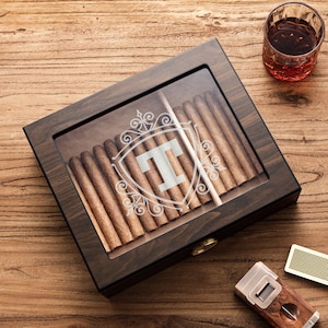 Personalized Monogrammed Cigar Humidor Box,Desktop Cigar Holder with Hygrometer,Humidifier and Spanish Cedar Divider and Lining,Gift for Men
