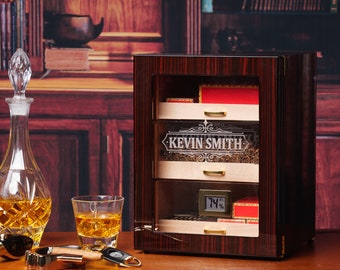 Personalized Cigar Humidor Cabinet with Digital Hygrometer, Custom Cigar Box, Gift for Him, Groomsmen Gifts, Husband Gift, Fathers Day Gift