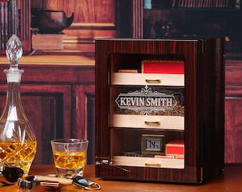 Personalized Cigar Humidor Cabinet with Digital Hygrometer, Custom Cigar Box, Gift for Him, Groomsmen Gifts, Husband Gift, Fathers Day Gift