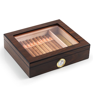 Cigar Humidor Box for 25 Cigars, Desktop Cigar Holder with Hygrometer, Humidifier and Spanish Cedar Divider and Lining, Gift for Fathers