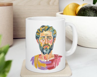 Taza de café con pintura a base de óleo de FILÓSOFO antiguo de MARCUS Aurelius, taza de té estoica con mango en C de 11oz para regalo