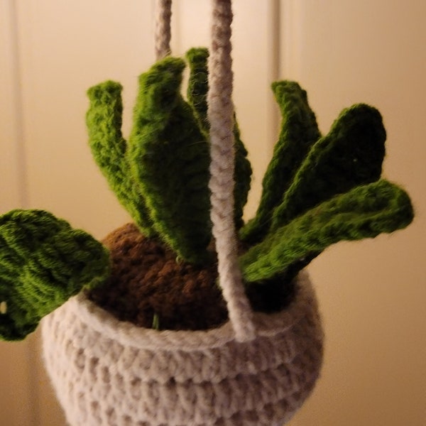 crochet amigurumi hanging houseplant in basket