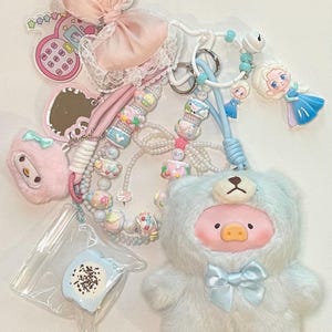 toyzero blu teddy lulu (il maialino) peluche ciondolo portachiavi fatto a mano o ciondolo per borsa con lacci per telefono con perline e taba squishy
