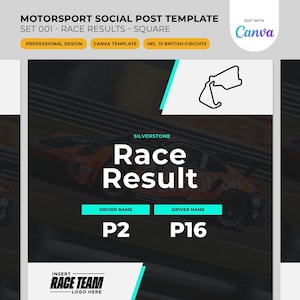 May include: A motorsport social media post template with the text "Race Result" in white. The template includes the text "Silverstone", driver positions P2 and P16, and a race car graphic. The design is for a Canva template.