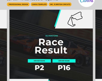 Canva-mall för motorsport i sociala medier – Tävlingsresultat – Perfekt för tävlingsteam och simulatorracing – Instagram, Facebook, X