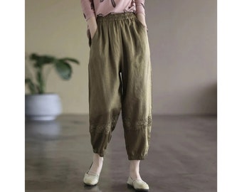 Womens Pants With Pocket Elastic Breathable Trousers Loose Waist Pant Leggings For Women Cotton Linen Harem Pants Harajuku Gift for Women