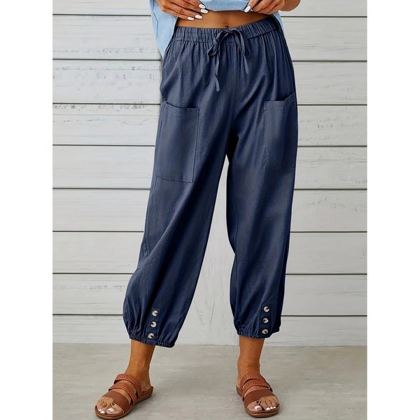 Womens Solid Color Loose Elastic Waist With Pockets Wide Leg All Match Straight Trousers Pants