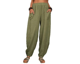 Women Harem Pants Summer Casual Vintage Cotton Linen Pants Elastic Waist Wide Leg Fashion Loose Pockets Female Trousers