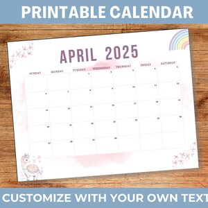 Puede incluir: Calendario imprimible para abril de 2025 con un fondo de acuarela rosa y un diseño de arcoíris. El calendario tiene una ilustración de llama y detalles florales.