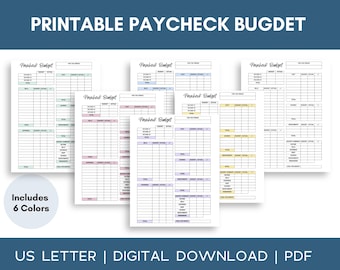 Puede incluir: Seis plantillas de presupuesto de cheque de pago imprimibles en diferentes colores. Cada plantilla incluye secciones para ingresos, gastos y un resumen del presupuesto. Las plantillas están diseñadas para papel de tamaño US Letter y están disponibles como descarga digital en formato PDF.
