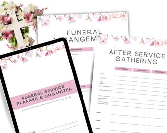 Puede incluir: Un planificador de servicio funerario y organizador imprimible con un diseño floral. El planificador incluye secciones para planificar una celebración significativa de la vida, incluyendo el nombre del fallecido, la ubicación, la fecha y la hora del servicio, y una sección para notas.
