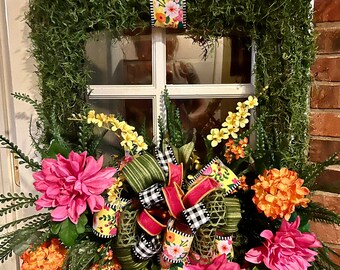 Couronne florale carrée lumineuse, printemps/été, pour porte d'entrée, fenêtre ou bureau