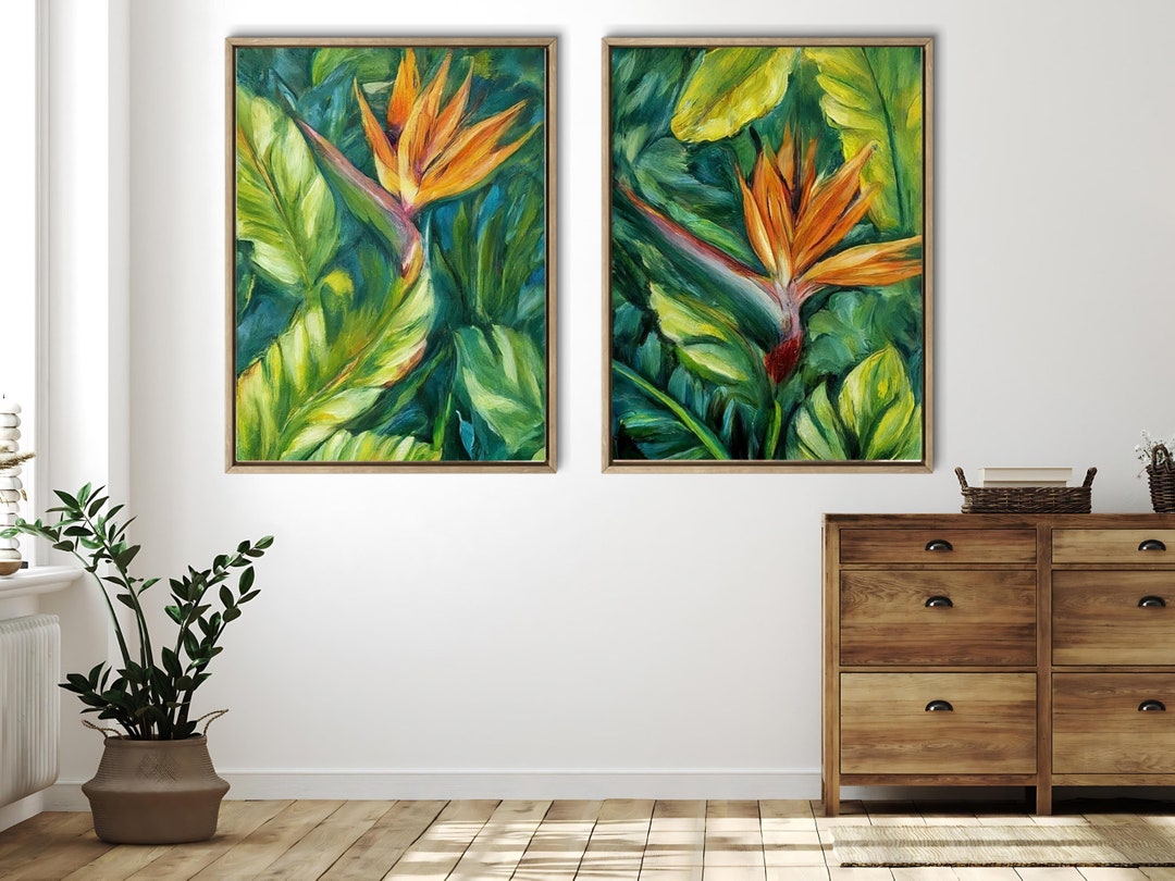 Tropical Botanical Green and Orange Oil Painting Artwork Wall Hanging ...