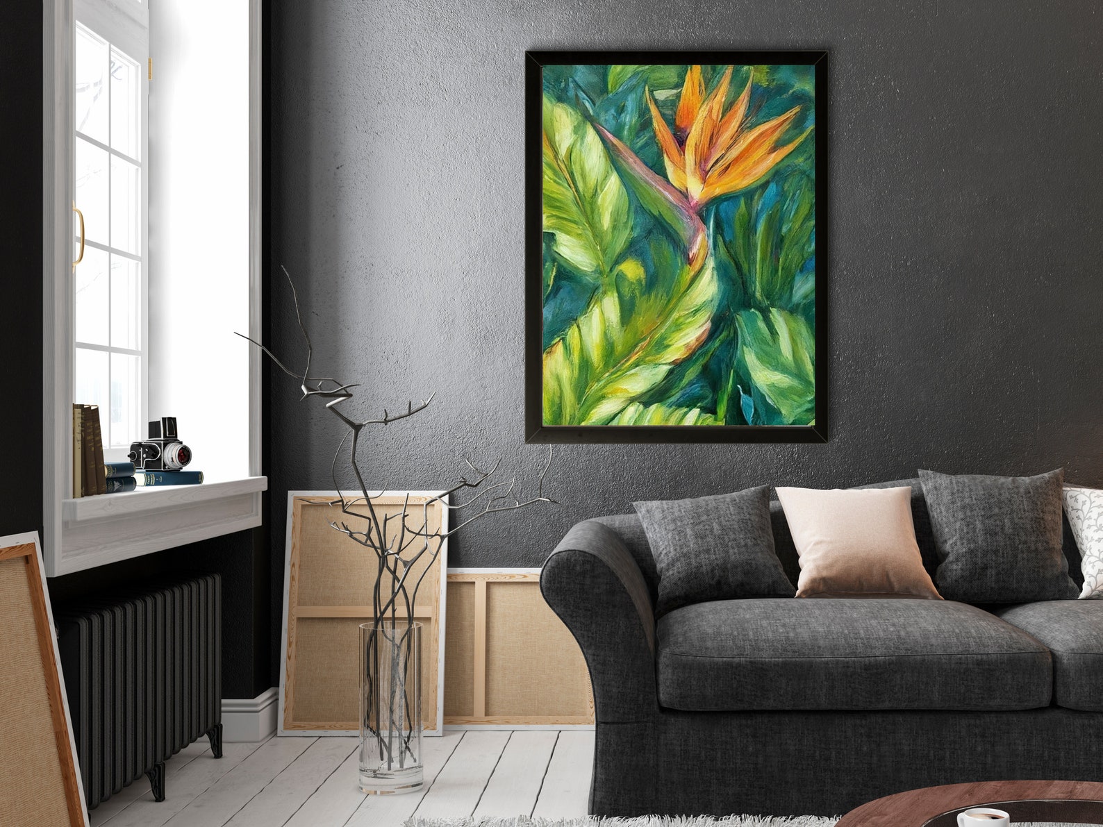 Tropical Botanical Green and Orange Oil Painting Artwork Wall Hanging ...