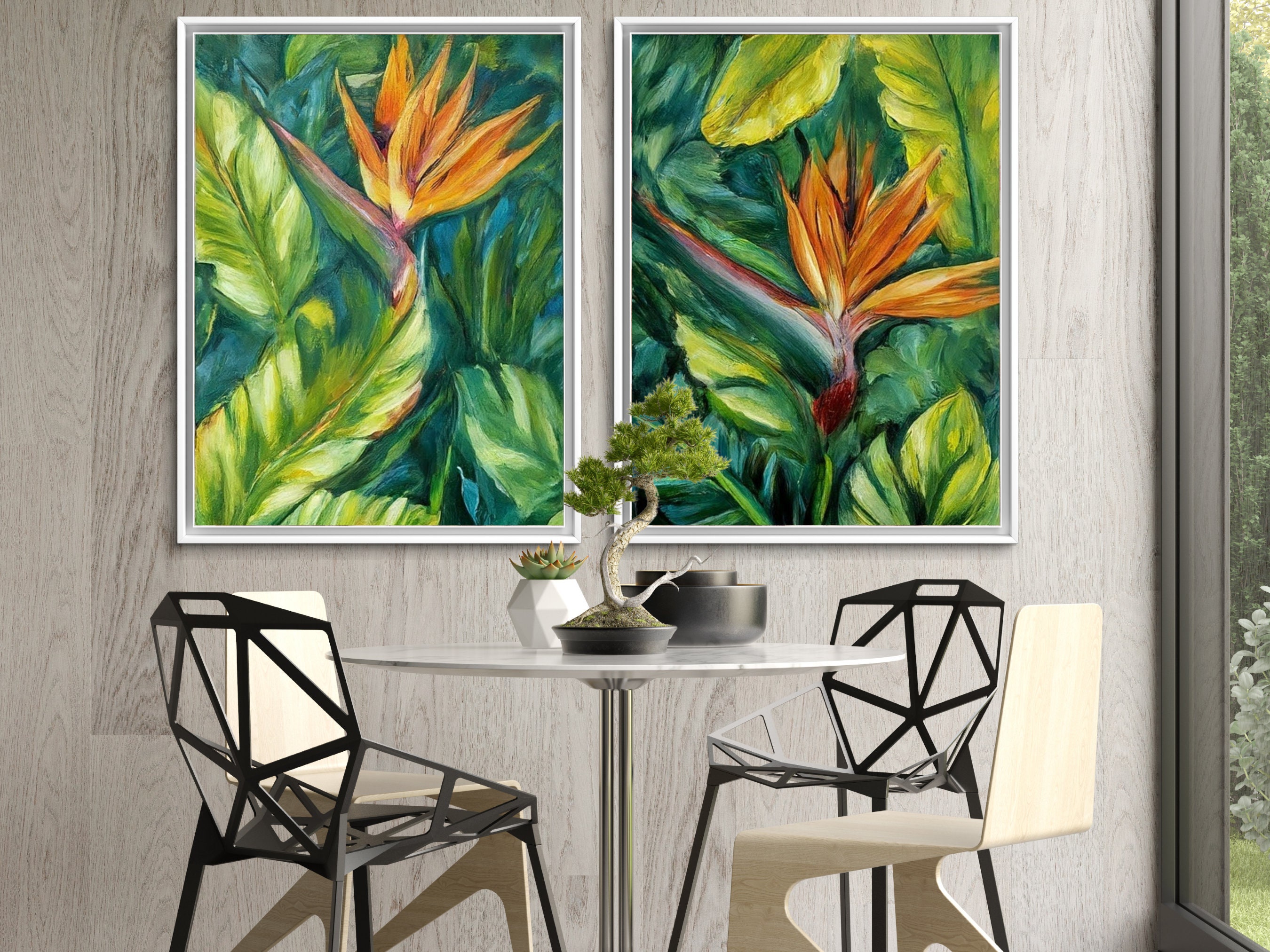 Tropical Botanical Green and Orange Oil Painting Artwork Wall Hanging ...