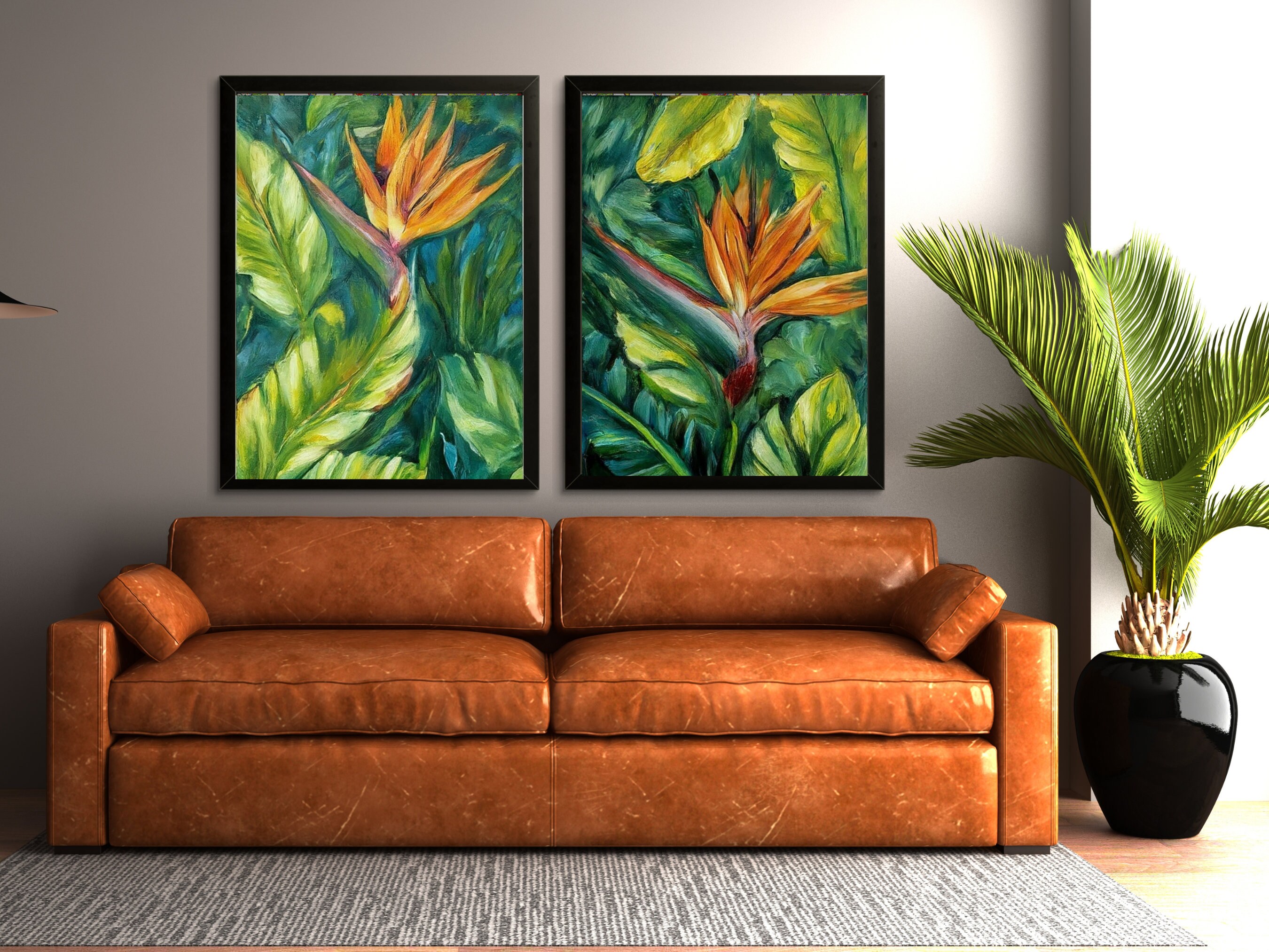 Tropical Botanical Green and Orange Oil Painting Artwork Wall Hanging ...