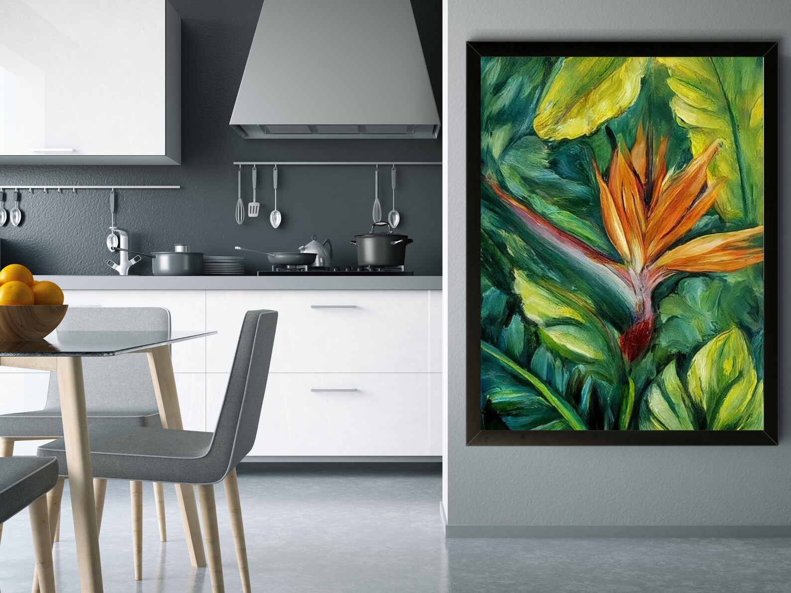 Tropical Botanical Green and Orange Oil Painting Artwork Wall Hanging ...