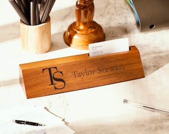 Custom Walnut Desk Name Plate, Engraved Desk Plate, Office Desk Plate, Business Card Holder Gift, Gift For Boss, Personalized Desk Wedge