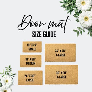 May include: A door mat size guide displays five rectangular mats in various sizes. The sizes are labeled as Small (16" x 24"), Medium (18" x 30"), Large (24" x 36"), and X-Large (24" x 48") and (36" x 60"). The words "Door mat" and "SIZE GUIDE" are also displayed.