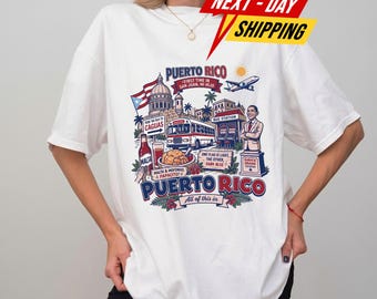 Puerto Rico Shirt, San Juan Travel TShirt, Vintage Caribbean Vacation Gift, Cute Island Souvenir Tee, Retro Doodle Summer Oversized Top