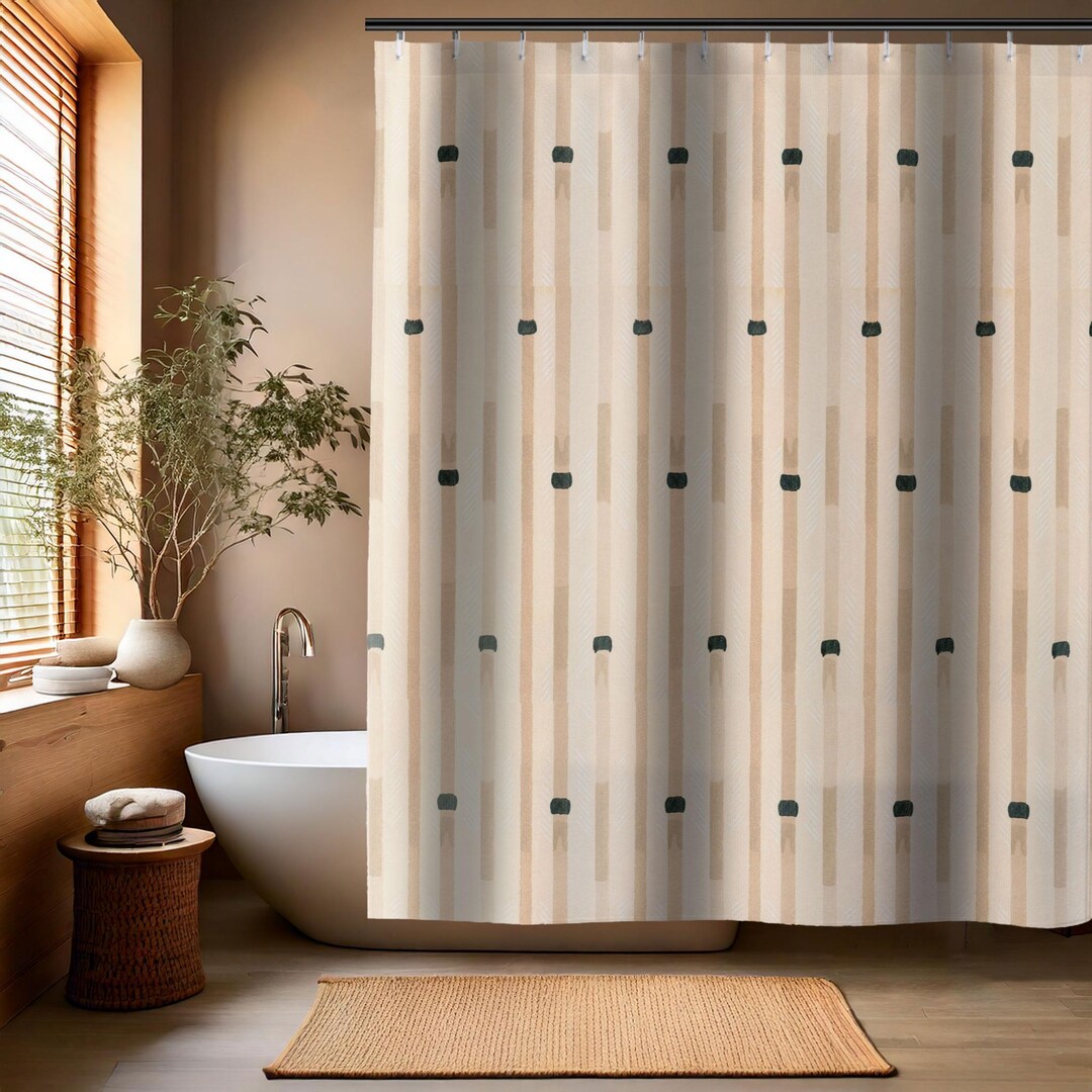 Beige Japanese Shimashima Bamboo Pattern Shower Curtain Minimalist