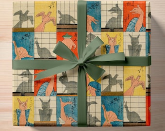 Japanese Shadow Puppets Gift Wrap – Unique Utagawa Hiroshige Art Wrapping Paper Rolls – Perfect for Birthdays, Holidays & Special Occasions
