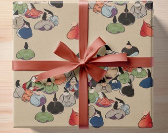 Papel de regalo japonés de la Corte Heian: arte vintage estilo Yamato-e con cortesanos adorables y elegantes. Papel de regalo japonés para bodas y cumpleaños.