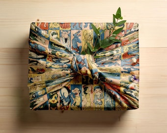 Papel de regalo Furoshiki de Monstruos Yokai – Estampado folclórico japonés vintage – Paño de algodón ecológico y original para envolver regalos de cumpleaños de forma única