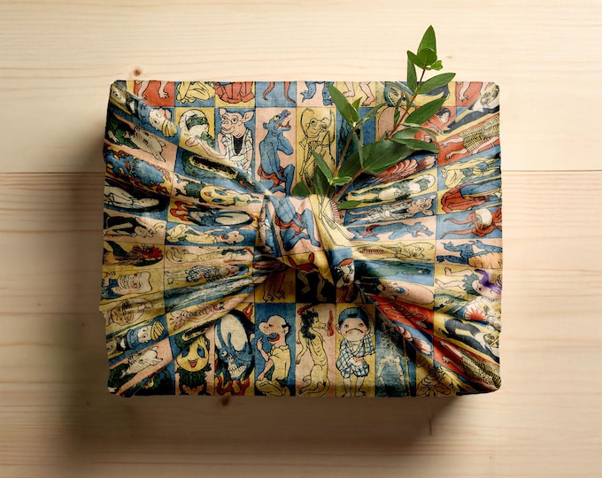 Yokai Monsters Furoshiki Gift Wrap – Vintage Japanese Folklore Print – Quirky Eco-Friendly Cotton Cloth For Unique Birthday Present Wrapping