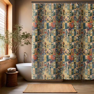 May include: A shower curtain with a colorful pattern of cartoon faces. The faces are arranged in a grid pattern and are all different colors and styles.