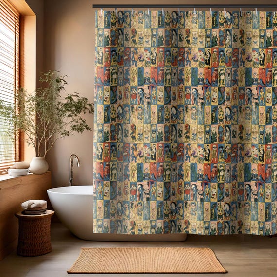 Japanese Monsters Shower Curtain – Yokai Ancient Folklore Creatures – Unique & Spooky Bathroom Decor – Japandi Aesthetic With A Quirky Twist