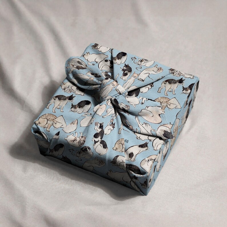 Pu&ograve; includere: Un pacco quadrato avvolto in tessuto azzurro, decorato con varie illustrazioni di gatti in nero, bianco e grigio. Il tessuto &egrave; legato in alto con un nodo, creando una chiusura decorativa. Il pacco &egrave; appoggiato su una superficie bianca.