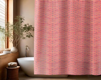 Japanese Shima Shima Shower Curtain – Traditional Striped Pattern Bathroom Decor – Peach or Teal Minimalist Japandi Design for Home or Gift