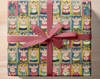Papel de regalo de luchadores de sumo - Reimpresión vintage de un xilógrafo de Tagawa Yoshikazu - Papel de regalo japonés para cumpleaños, fiestas y ocasiones especiales
