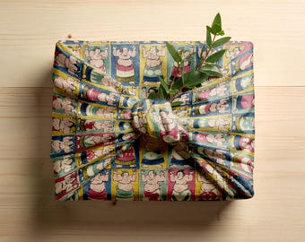 Tela japonesa Furoshiki con luchadores de sumo de colores: estampado vintage peculiar de poses de lucha de sumo. Envoltorio de regalo de algodón divertido y ecológico.