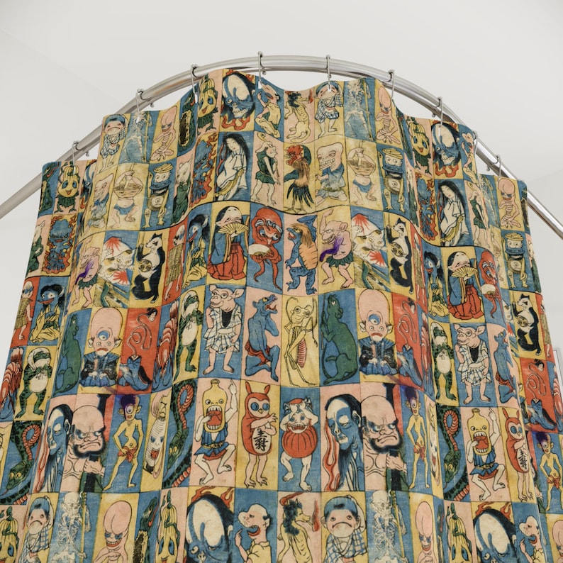 Japanese Monsters Shower Curtain – Yokai Ancient Folklore Creatures – Unique & Spooky Bathroom Decor – Japandi Aesthetic With A Quirky Twist image 2