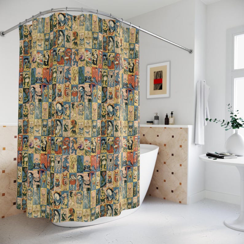 Japanese Monsters Shower Curtain – Yokai Ancient Folklore Creatures – Unique & Spooky Bathroom Decor – Japandi Aesthetic With A Quirky Twist image 3