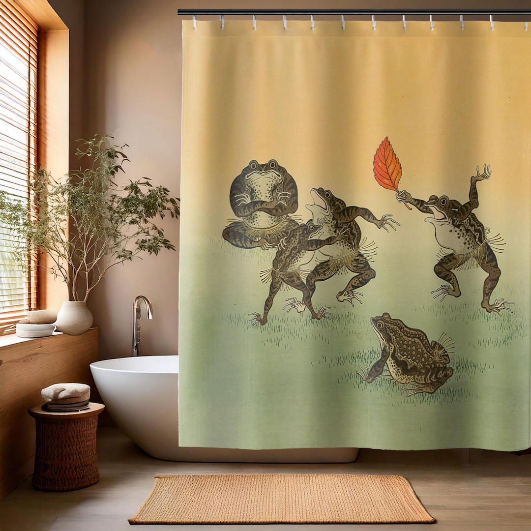Japanese Shower Curtain Koson Ohara???s Frogs Sumo Wrestling Print