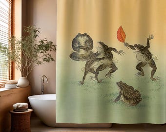 Japanese Shower Curtain – Koson Ohara’s Frogs Sumo Wrestling Print – Unique Ukiyo-e Washroom Drape– Wabi Sabi Gift & Japandi Bathroom Decor