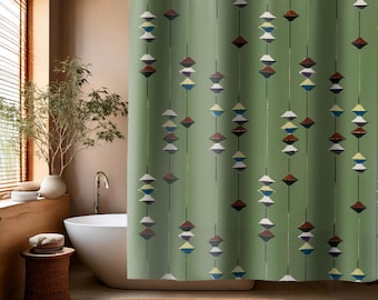 Vintage Green Japanese Shima-Shima Print Shower Curtain – Unique Japandi Style Retro Home Decor – Mid-century Style Bathroom Accessories