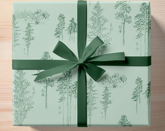 Papel de regalo japonés con pinos de Hokusai (opciones en crema lima y blanco y negro): elegante papel de regalo para ocasiones especiales.