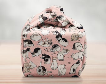 Cute Cats Furoshiki Gift Wrap – Vintage Japanese Art Print – Beautiful & Eco-Friendly Cotton Fabric – Adorable Presents Cloth for Cat Lovers