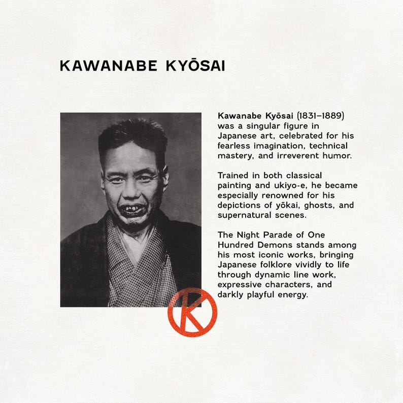 May include: A vintage portrait of Kawanabe Kyōsai, a Japanese artist, with text detailing his life and work. The image includes a red circle with a white "K" symbol, and the text "KAWANABE KYŌSAI".