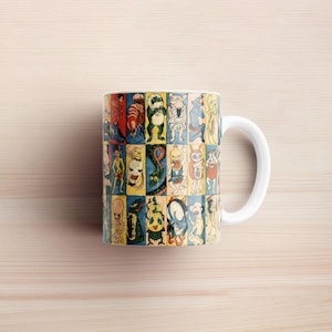 May include: White ceramic mug featuring a colorful, repeating pattern of various cartoonish monsters and creatures. The design includes a variety of colors, including red, blue, yellow, and green, creating a vibrant and eye-catching aesthetic. The mug has a standard handle.