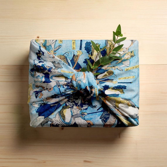 Samurai Toads Furoshiki Gift Wrap – Vintage Japanese Art Print – Beautiful Eco-Friendly Cotton Cloth – Unique & Quirky Frog Present Wrapping