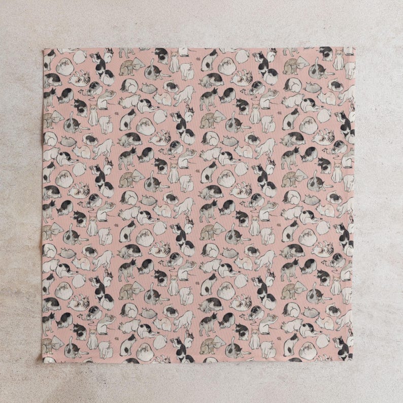 Pu&ograve; includere: Un tessuto quadrato rosa con un motivo ripetuto di illustrazioni di gatti in bianco, nero e grigio. I gatti sono raffigurati in varie pose, creando un design giocoso. Il tessuto &egrave; probabilmente destinato all'arredamento della casa o all'artigianato.