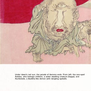 May include: A vintage Japanese print depicting a parade of demons under a red sun. The central figure is a one-eyed demon with a beard and red lips. The print includes text describing the demons: Aobozu, kappa, and Nuribotoke.