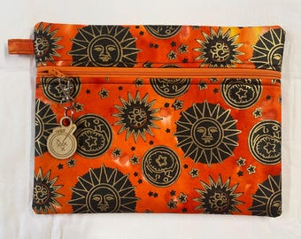 Metallic Orange Sun and Moon Cross Stitch Project Bag