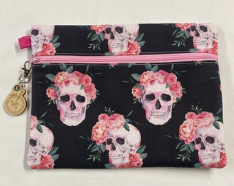 Small Halloween Skull and Roses Fabric project bag for cross stitch projects and much more