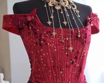 Celestial Bourgogne sammetskorsett med guldstjärnor – Strukturerad midjakorsett inspirerad av Vintage Couture-silhuett